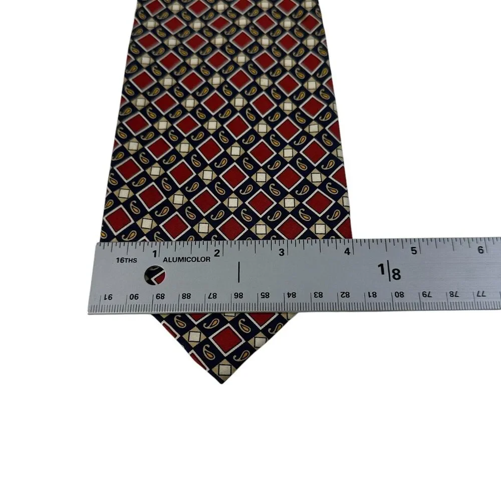 FENDI FF Silk Tie Red Navy Gold Paisley Baroque Geometric 56 x4  Italy 80's